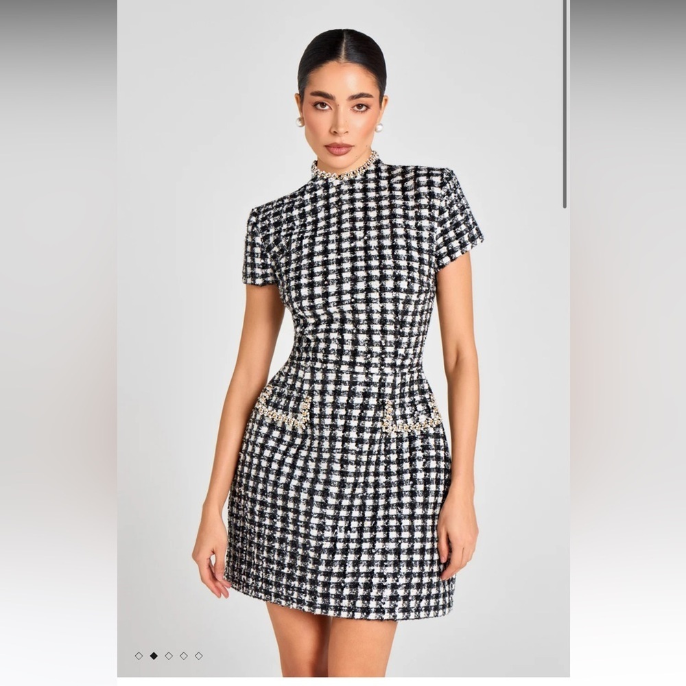 Nadine Merabi Mila check dress in monochrome black and white tweed - Picture 4 of 9